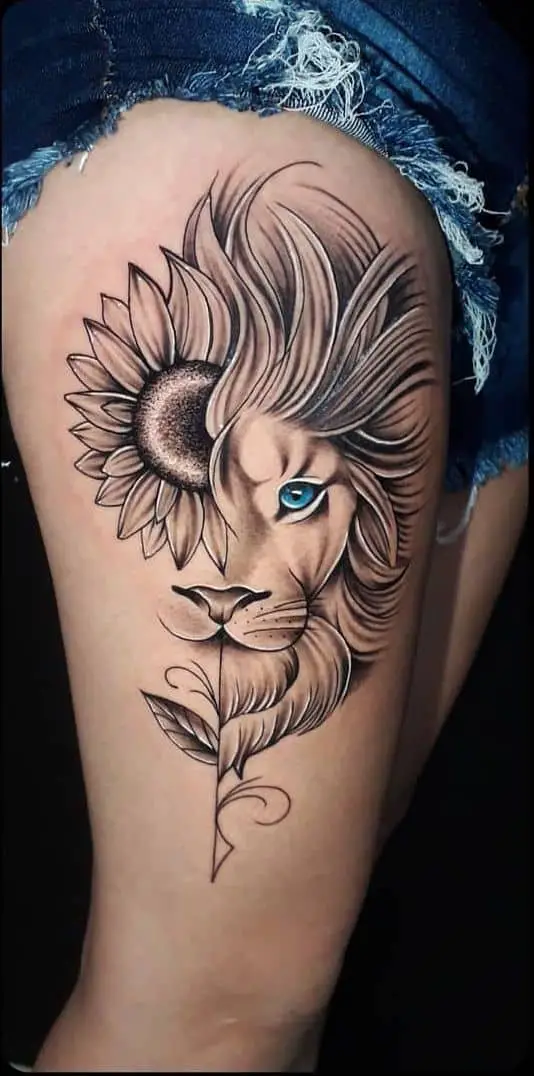 Thigh Sunflower Tattoo with lion