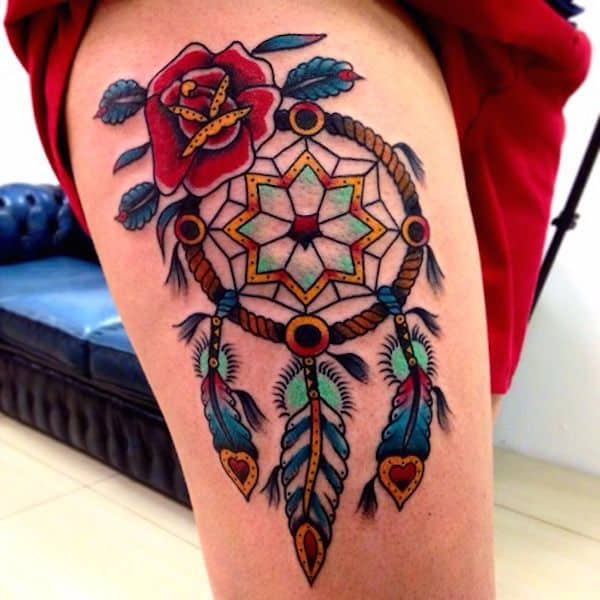 Traditional Dream Catcher Tattoo with Rose