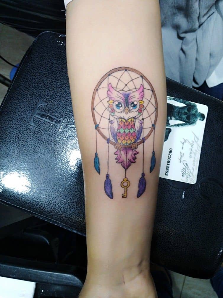 Colourful Owl Dream Catcher Tattoo 