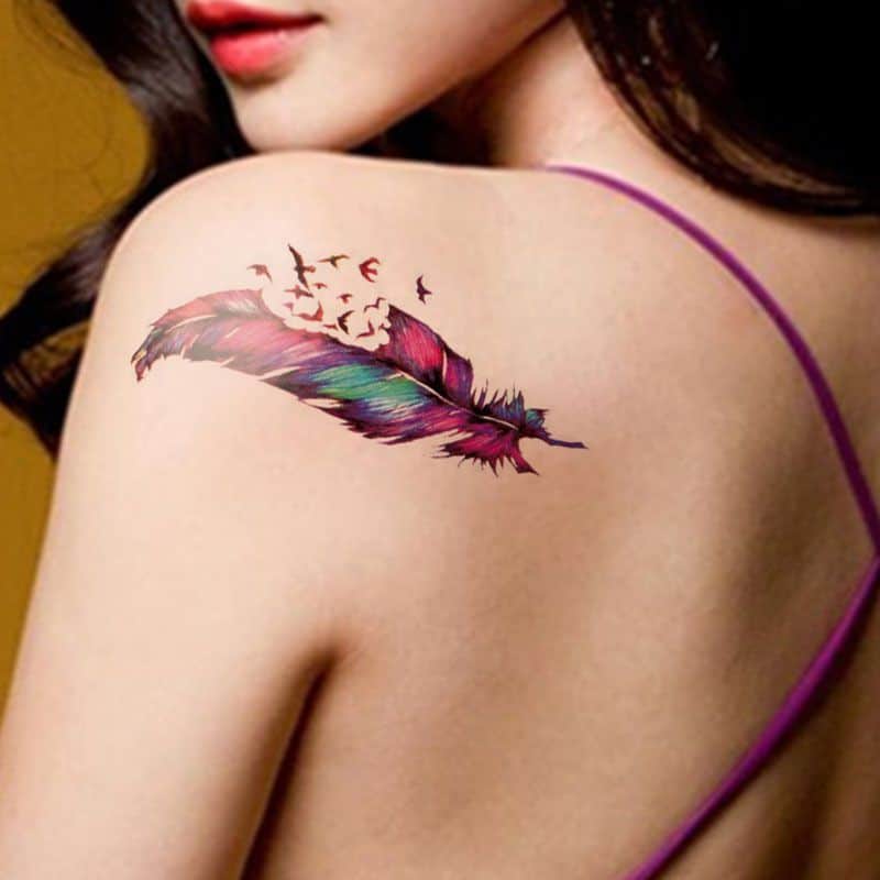 Coloured Feather And Bird Tattoo