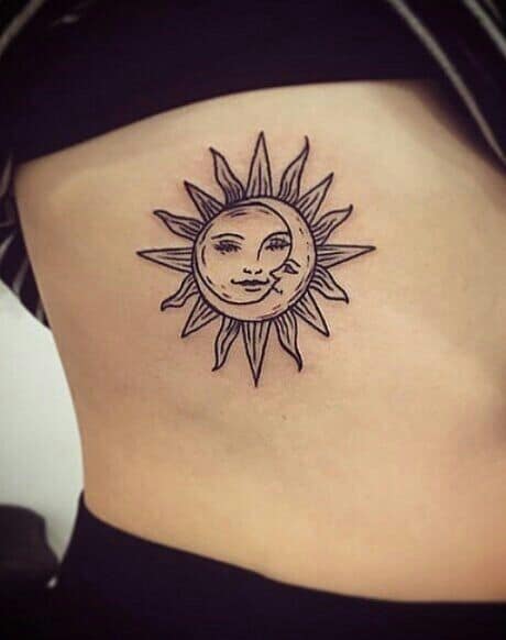 Rib and side simple sun tattoo with moon