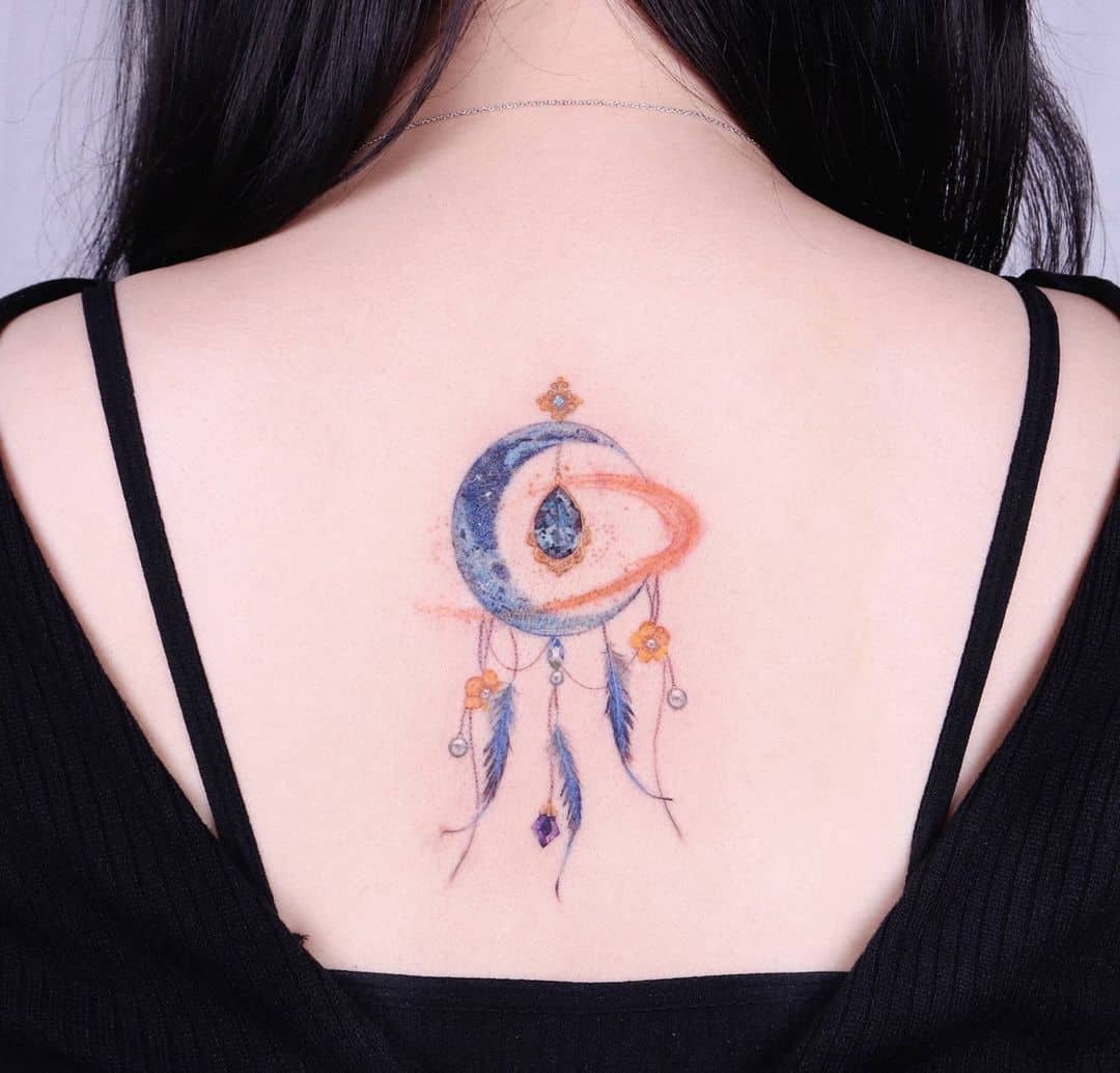 Dream Catcher Back Tattoo with moon