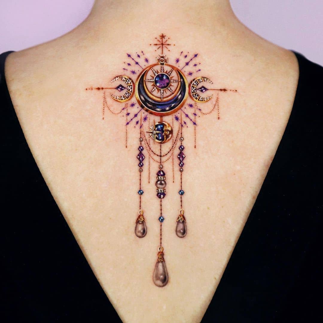 ornamental dream Catcher Back Tattoo with moon