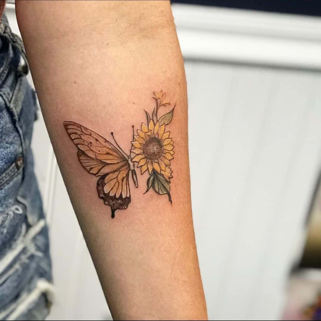 Sunflower and Butterfly Tattoo on  forearm