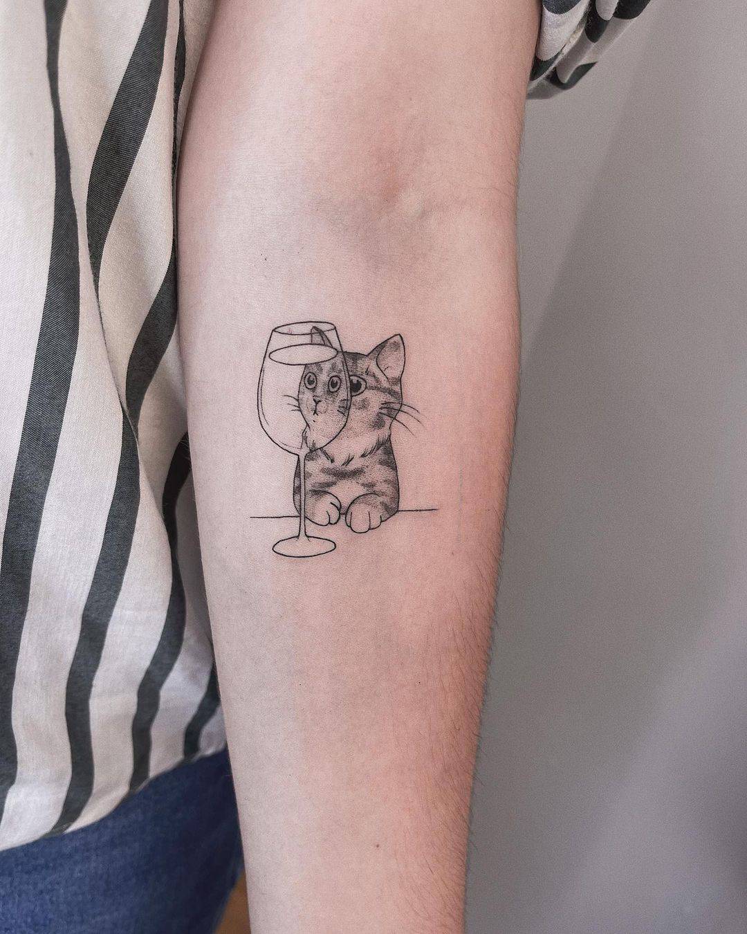 Wine Glass Tattoo with cat