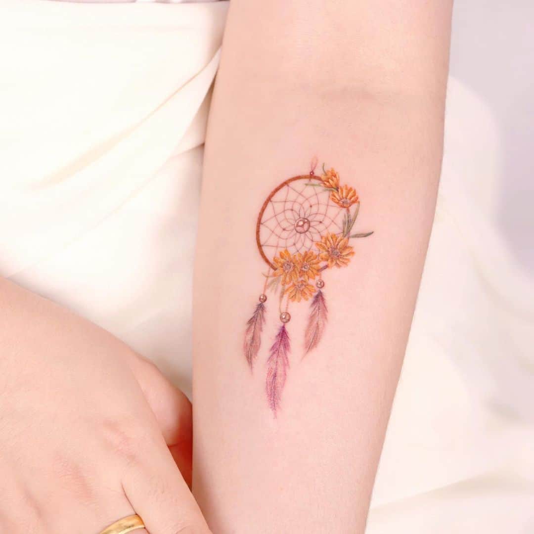 Orange Colored Dream Catcher Tattoo