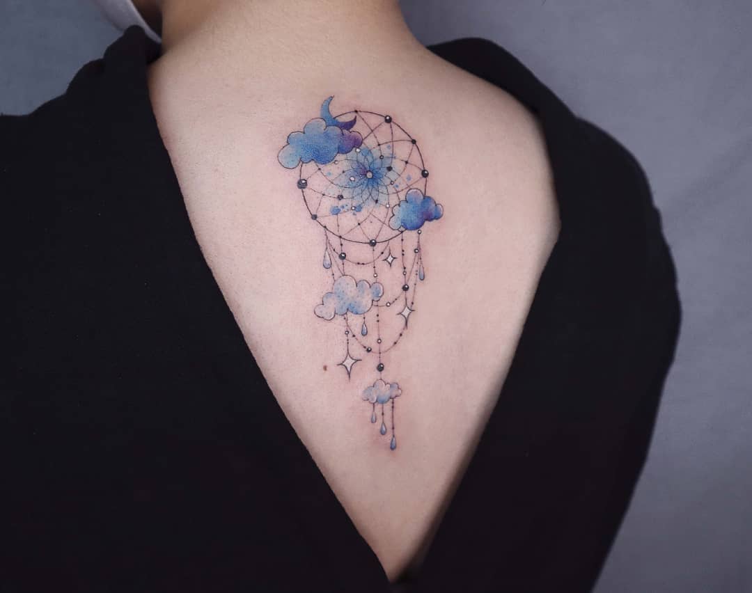 Colored Dream Catcher Tattoo with cloud and moon