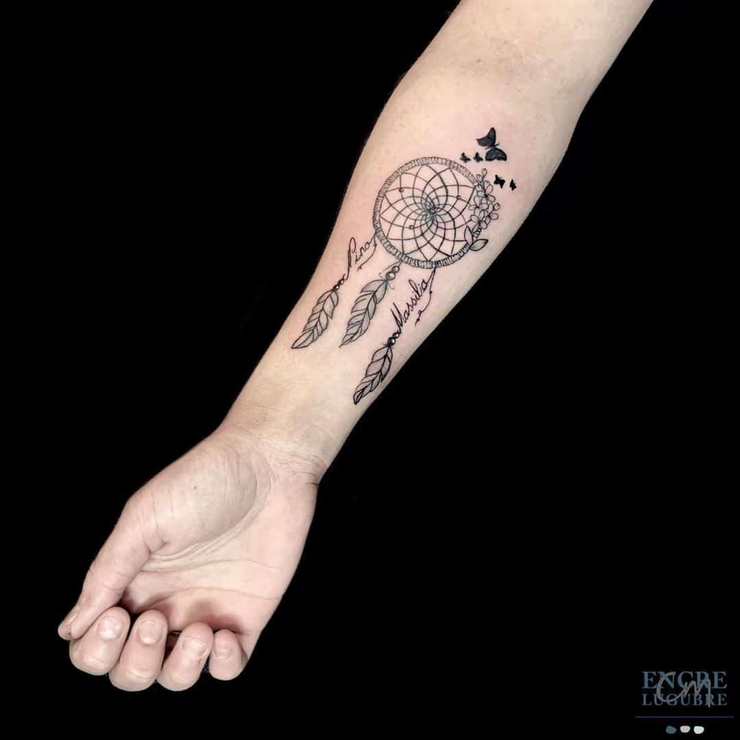 Black and grey Forearm Dream Catcher Tattoo