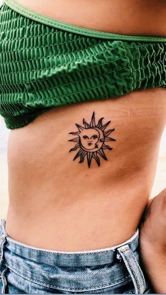 Black and grey Rib and side simple sun tattoo