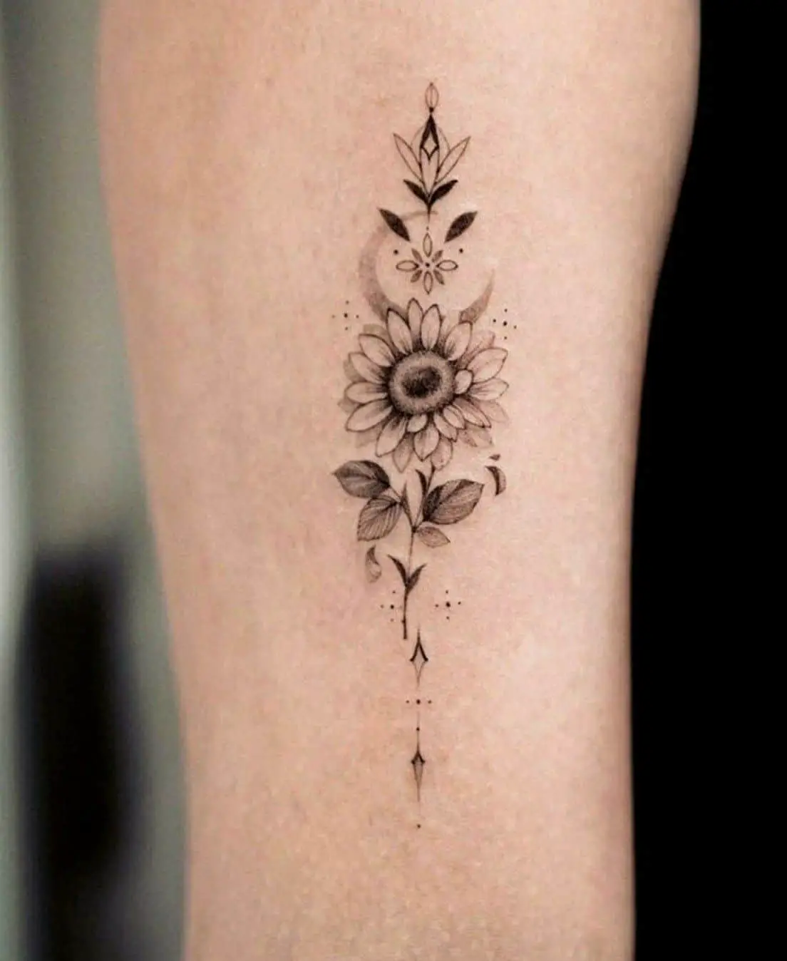Black and grey Sunflower Tattoo with moon