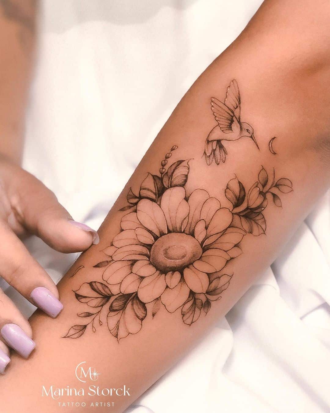 Fineline sunflower tattoo with bird
