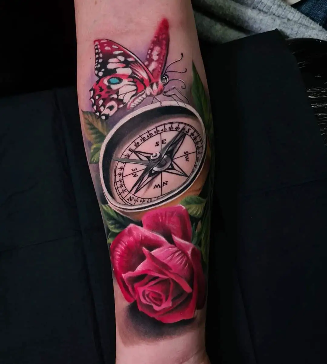 compass rose tattoo design with butterfly