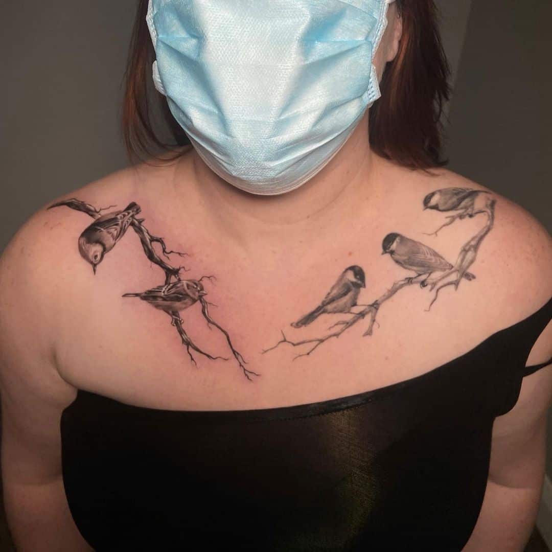 Bird Chest Tattoos for Women woth branches