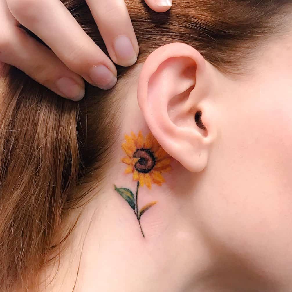 Behind the Ear Sunflower Tattoo