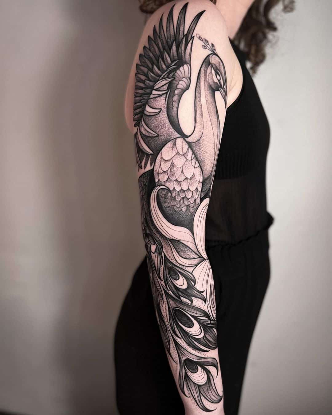 Black and grey Peacock Tattoo
