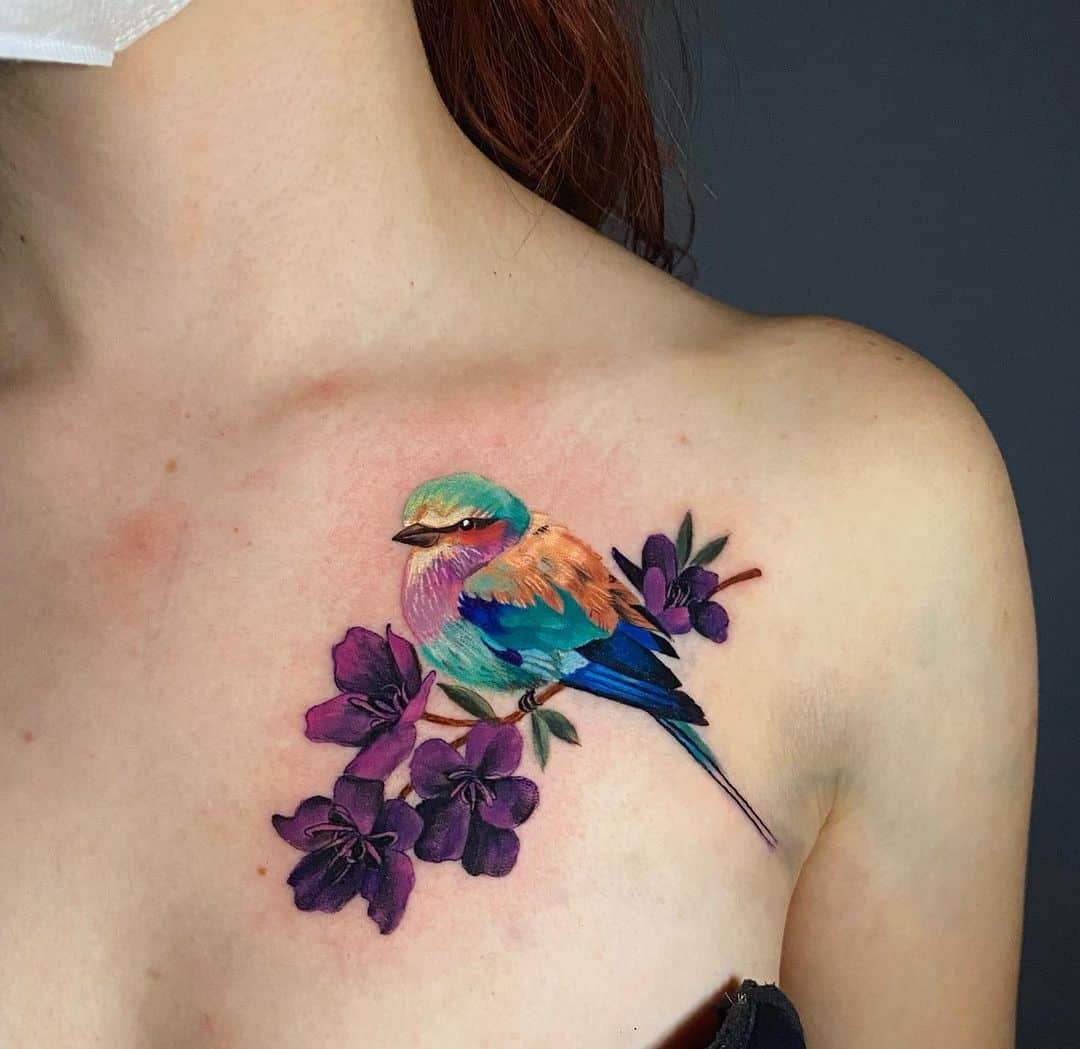 Colorful Bird Tattoo with flower