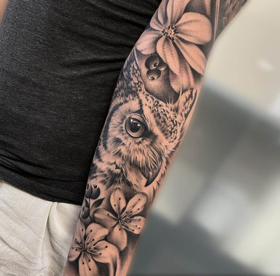 Owl Tattoo with flower