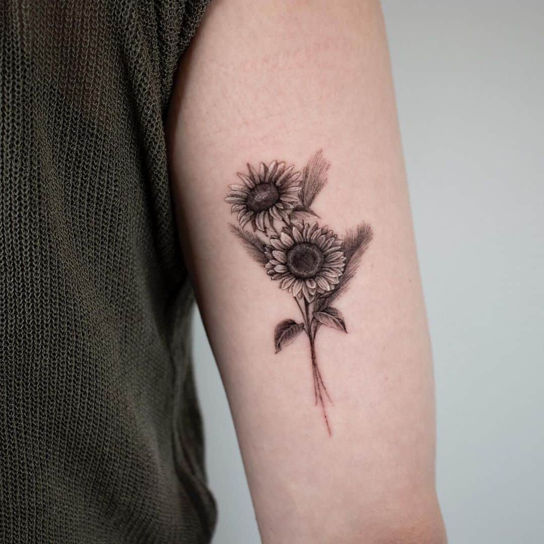 Black and grey Arm Sunflower Tattoo
