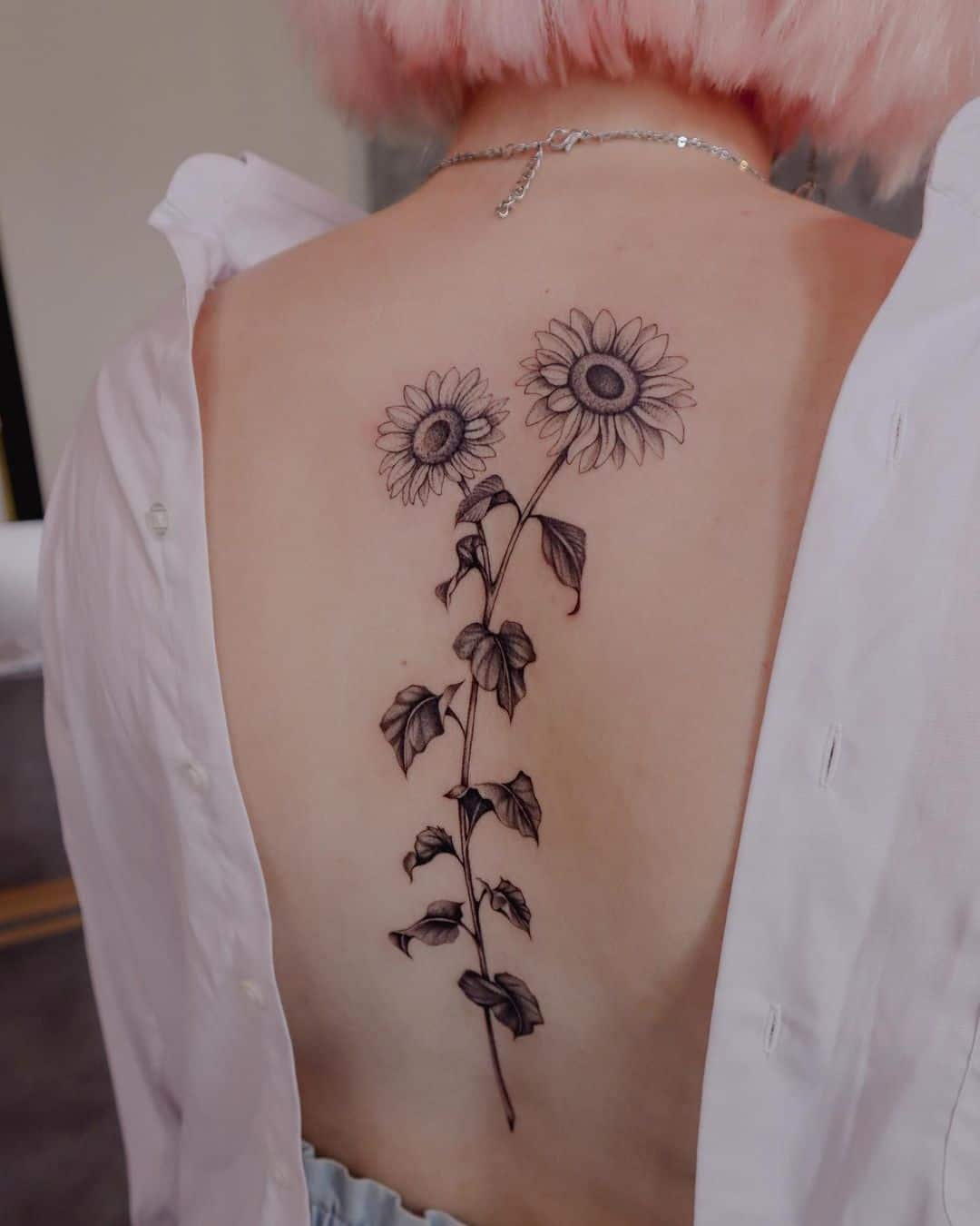 Black and grey Sunflower Tattoo on Back