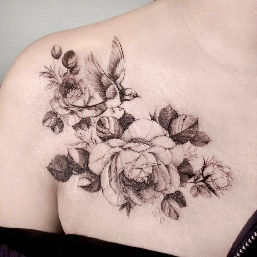 Bird Chest Tattoos for Women with flowers