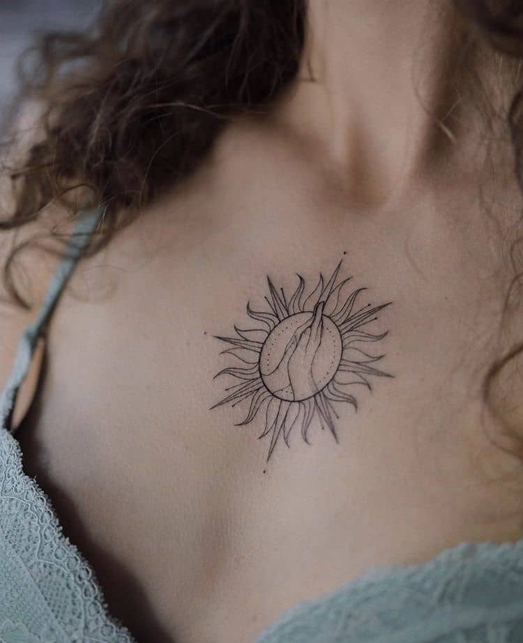 Cute sun tattoo on neck with hand