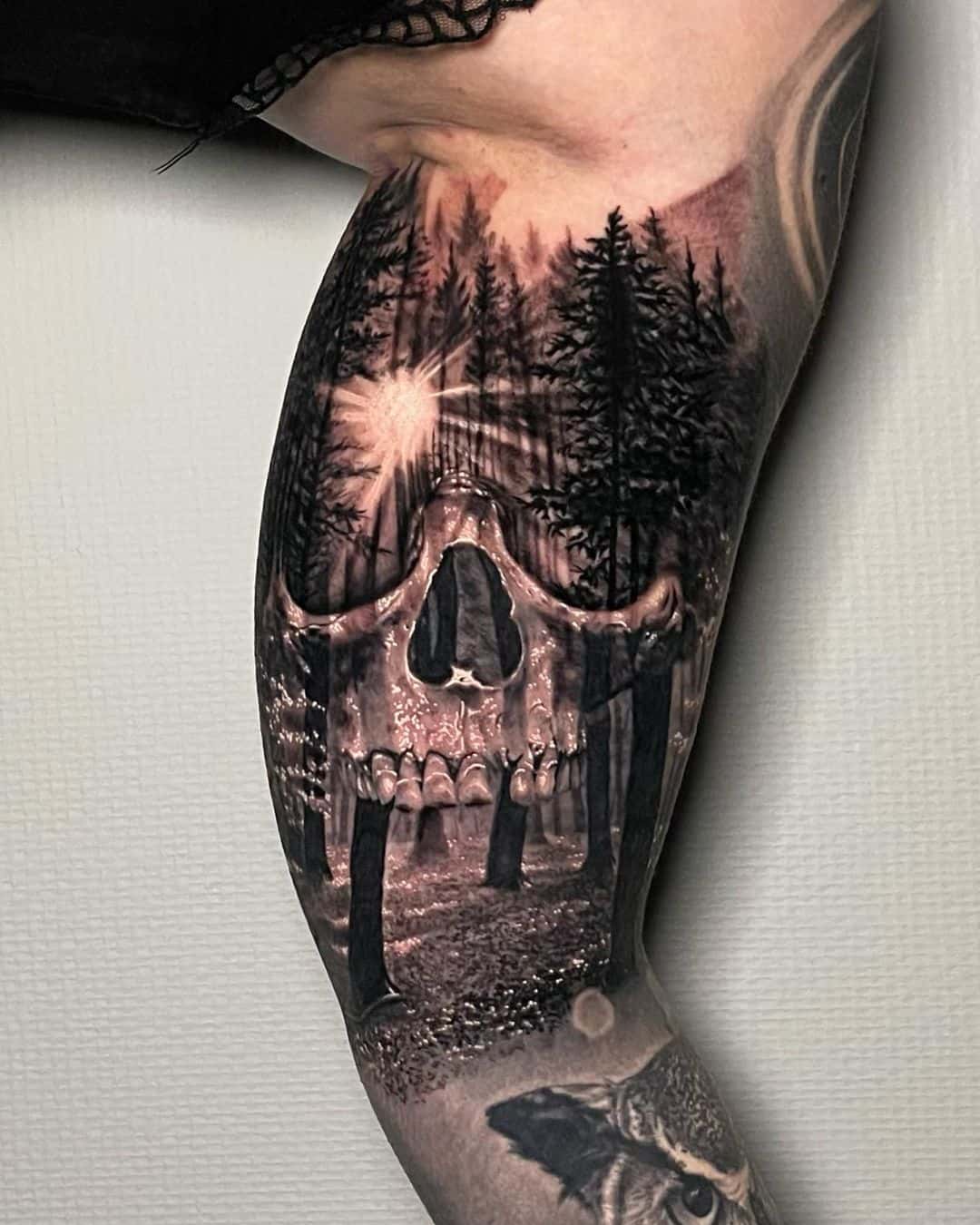 Amazing Forest tattoo with skull by arnaud pradier tattooist