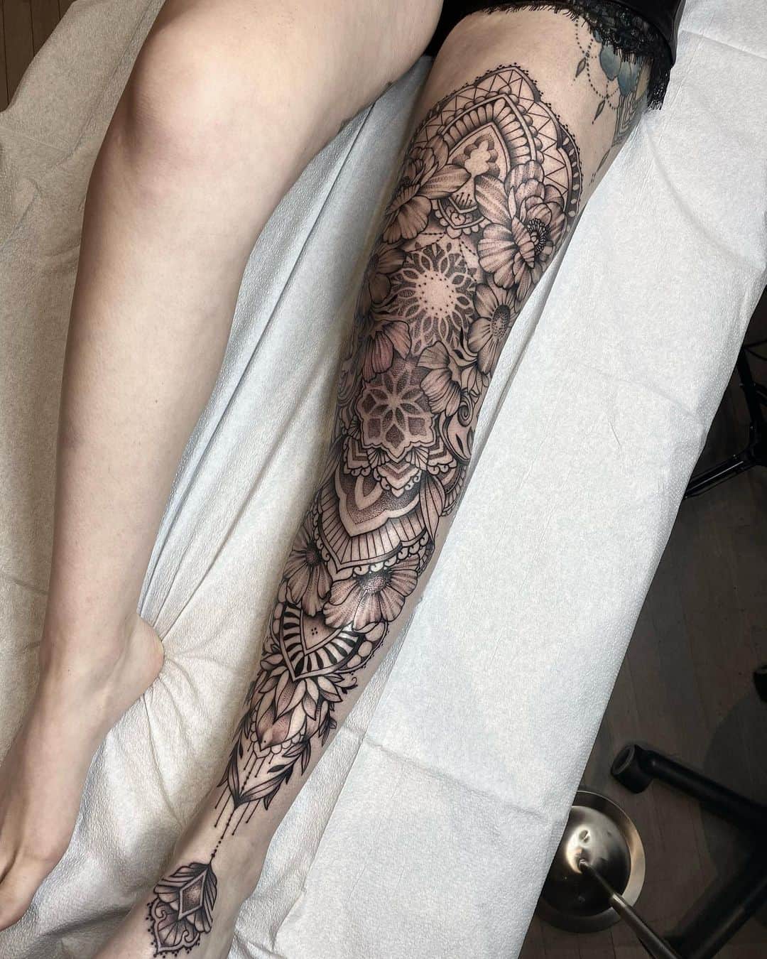 Amazing flower tattoo on thigh by marine ishigo