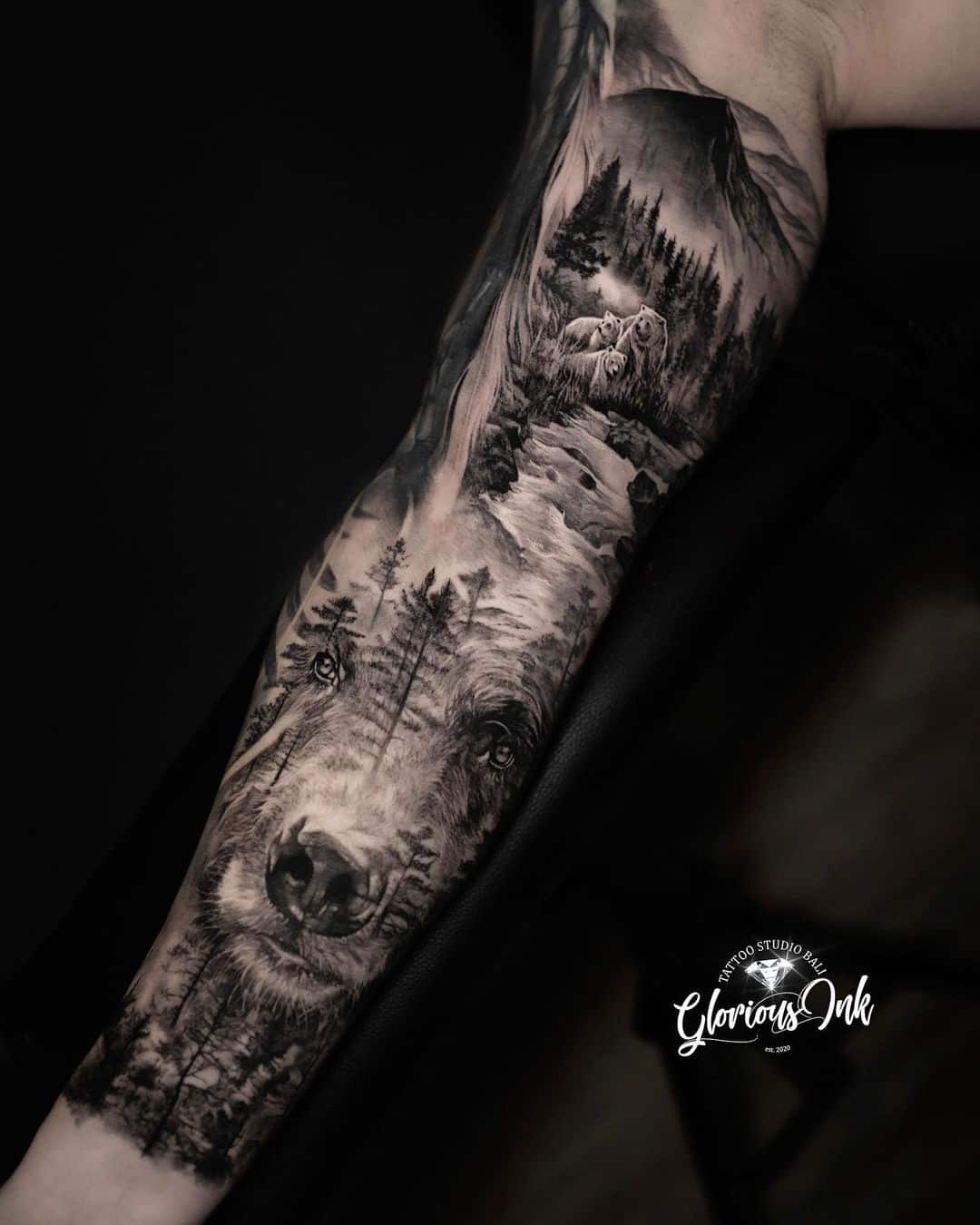 Black and Grey Realism Bear Forest Tattoo  Love n Hate