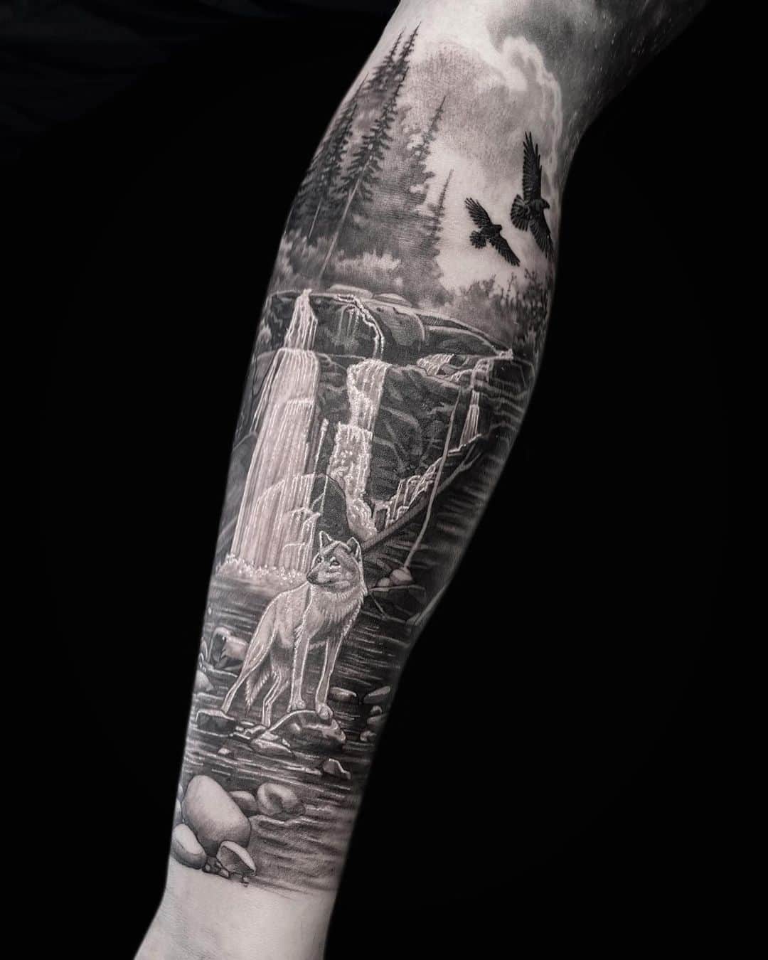 Beautiful forest tattoo with wolf by jimimay