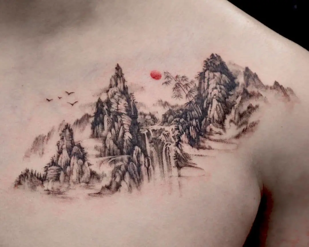Beautiful mountain tattoo on chect by tattoo tt