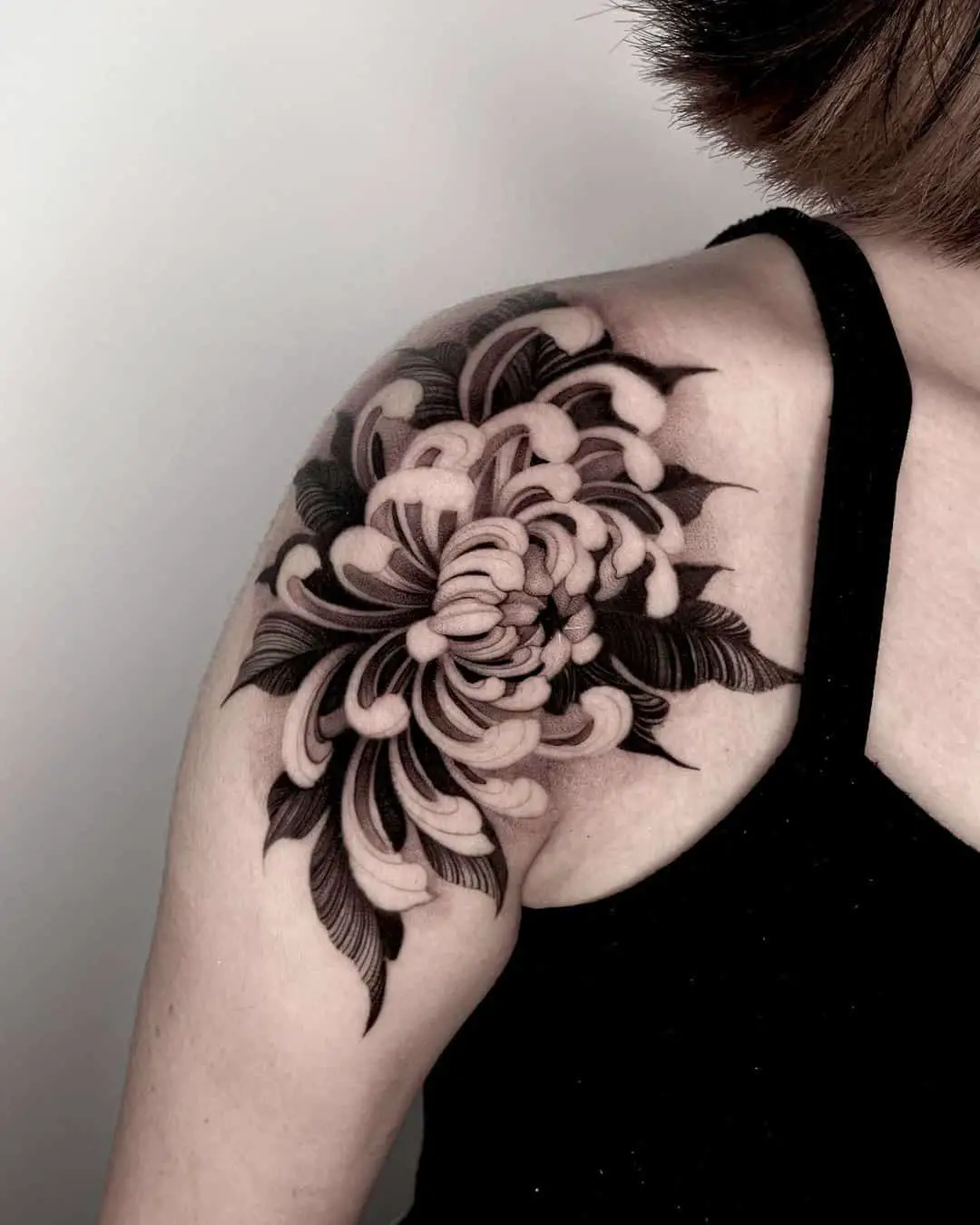 Chrysanthemum flower tattoo on shoulder by gush.like .kush