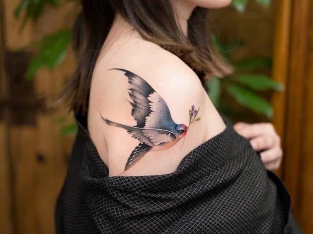 Colorful bird tattoo on shoulder by newtattoo qiqi