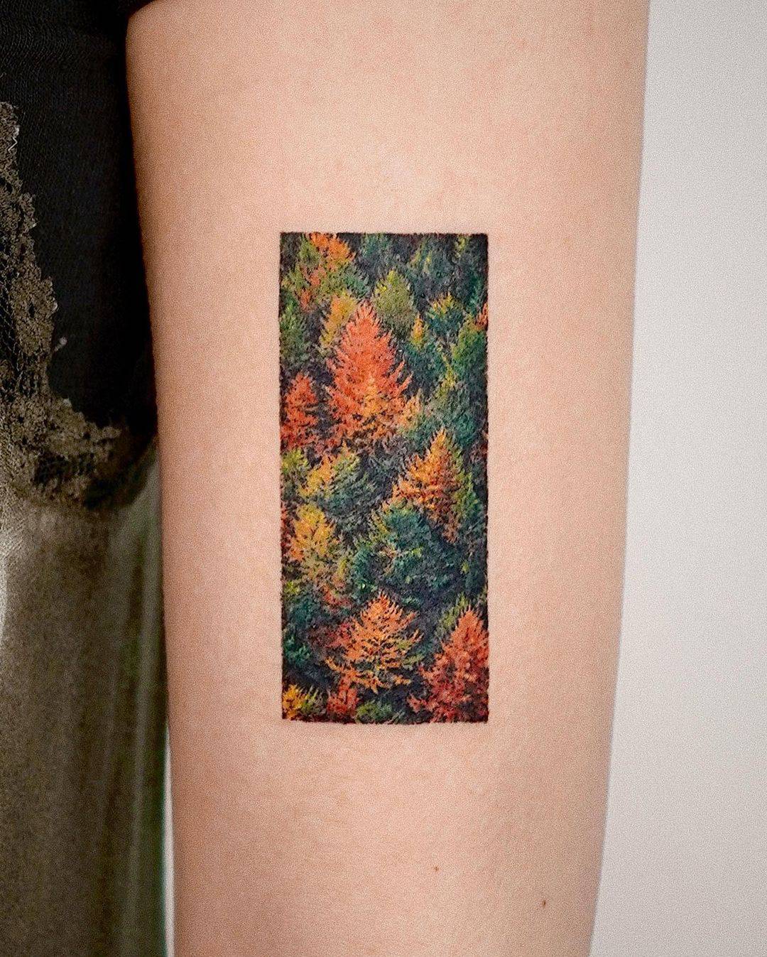 Colorful forest tattoo by youngchickentattoo
