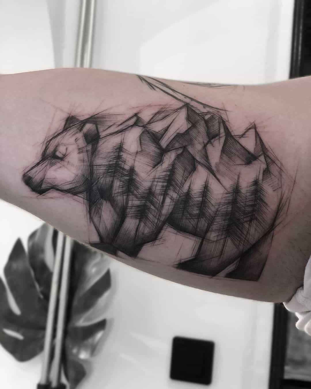 Forest tattoo with bear by pomalu.tattoo