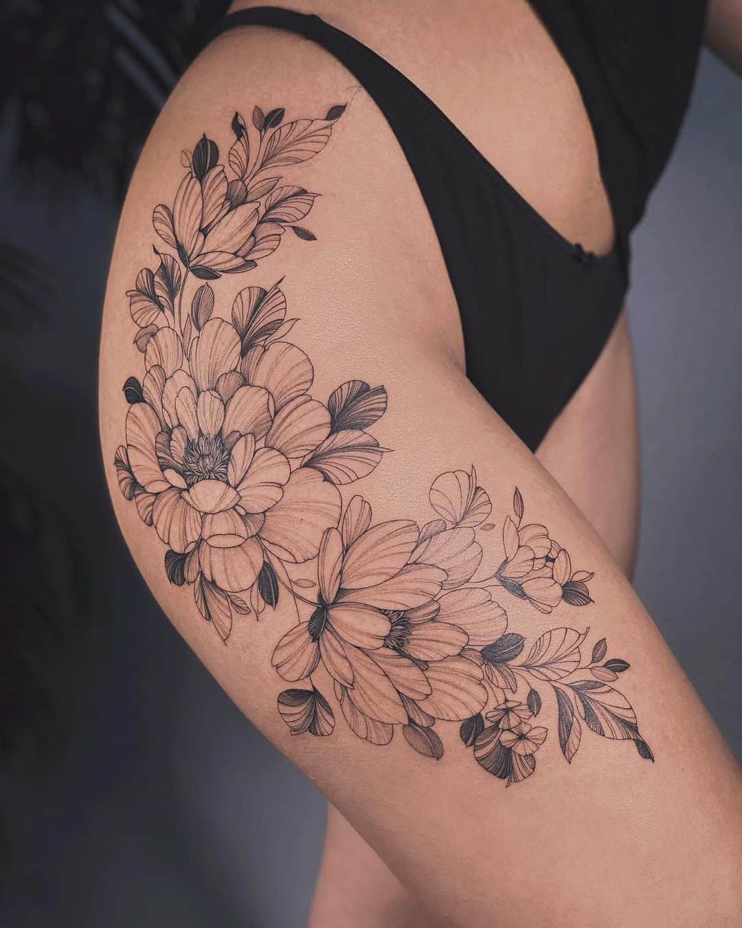 Peony Flower tattoo on thigh by crush.on .line
