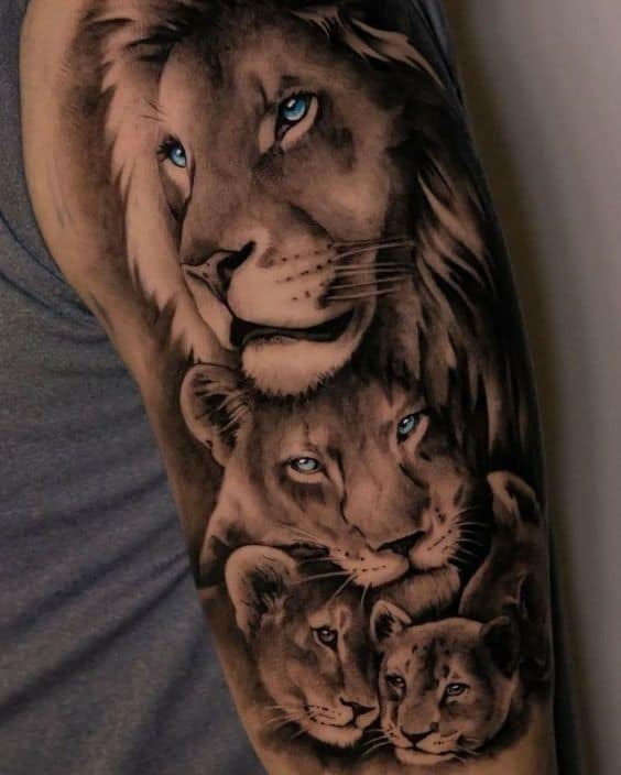 Stylish tattoo with lioness and cubs on the back  Lioness tattoo Lion  tattoo Good family tattoo