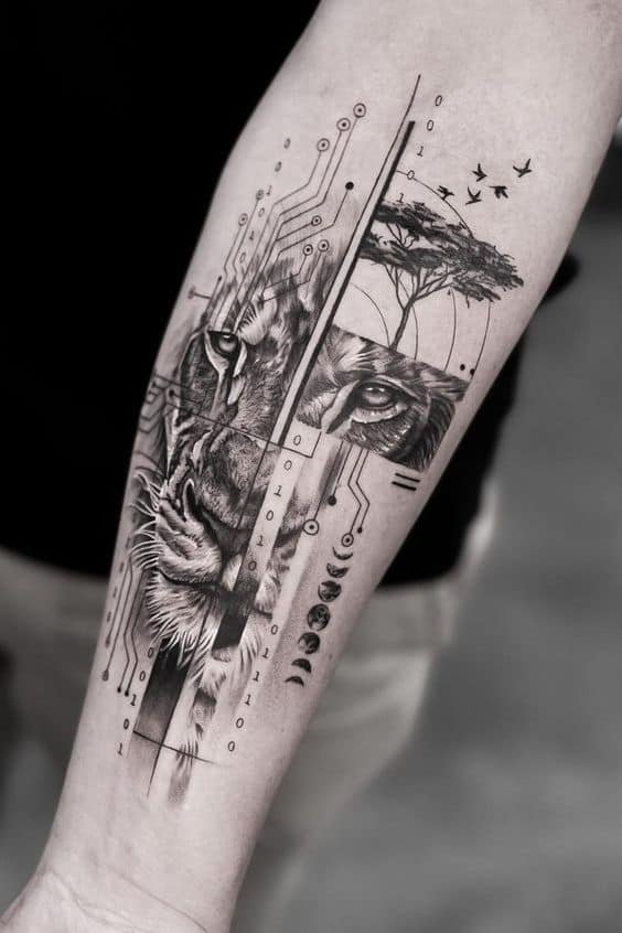 Amazing lion tattoo on arm sleeve