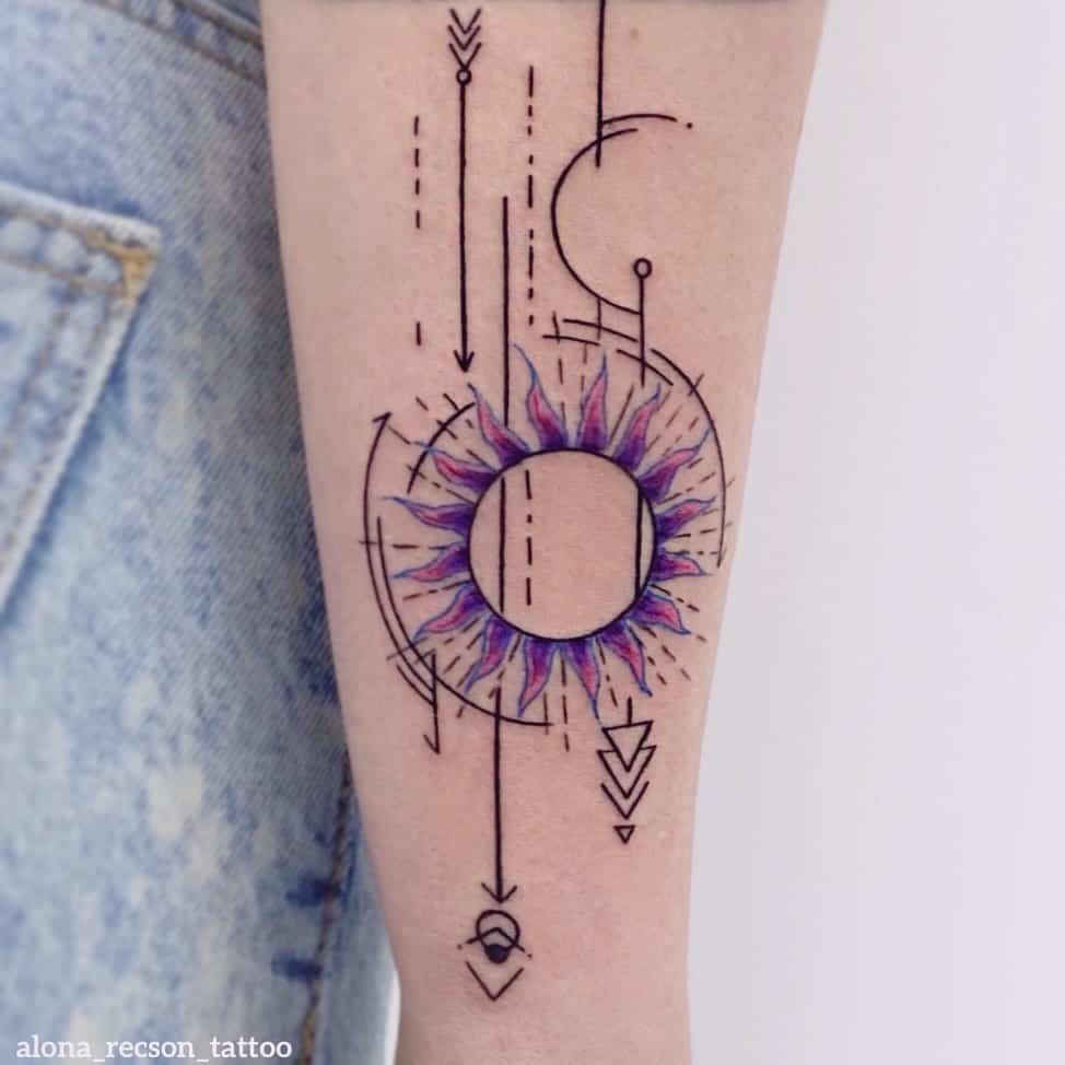 Colorful sun tattoo by sugar ink alona