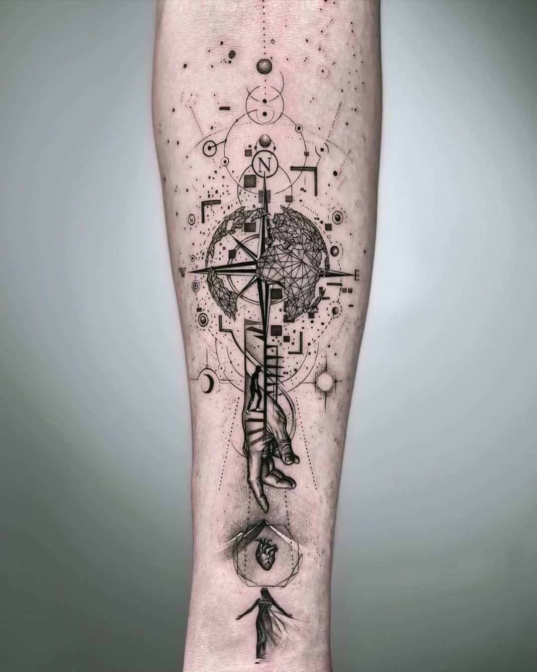 Fine Line compass tattoo by bodyartmag