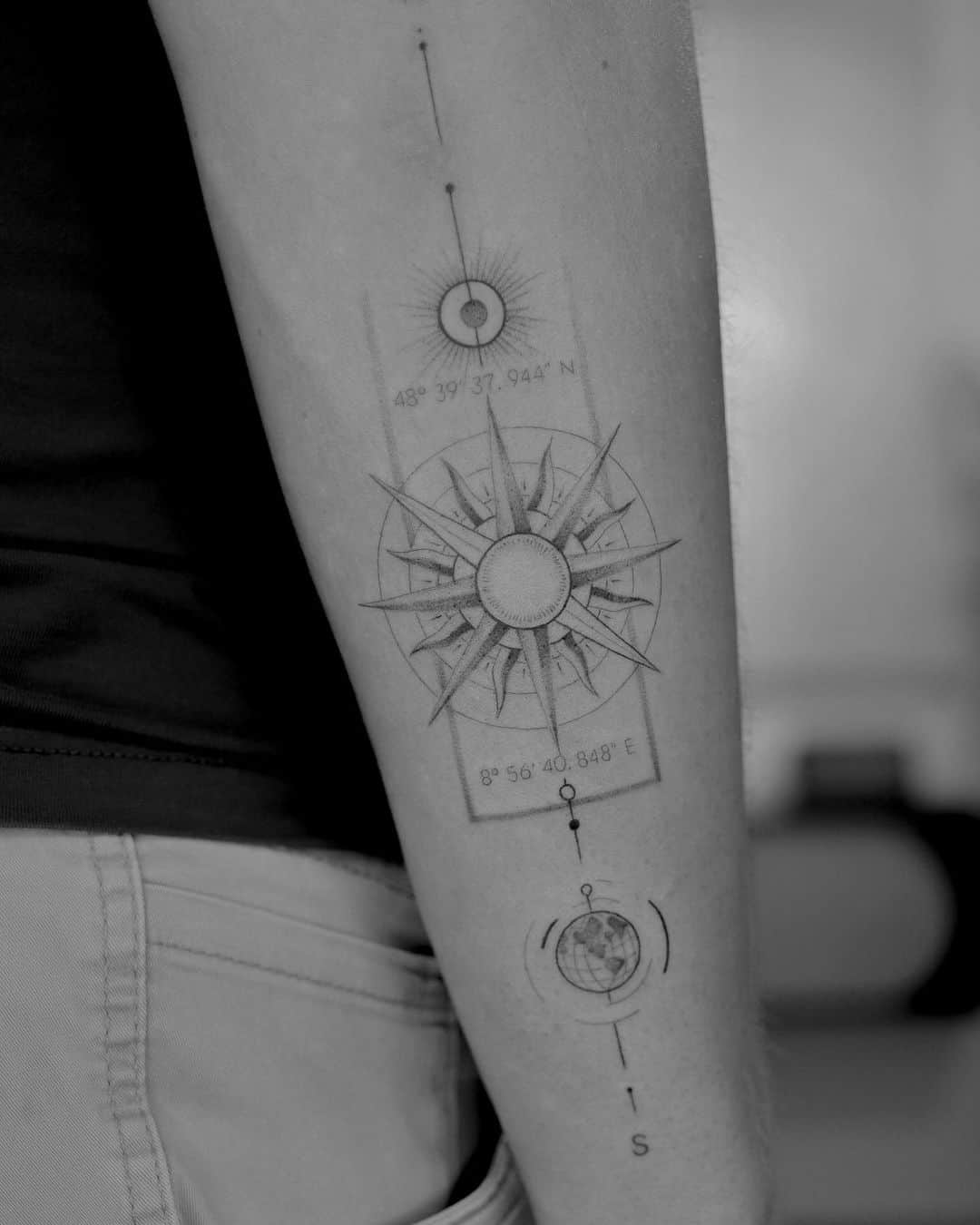 Geometrci compass tattoo on arm by themonoink