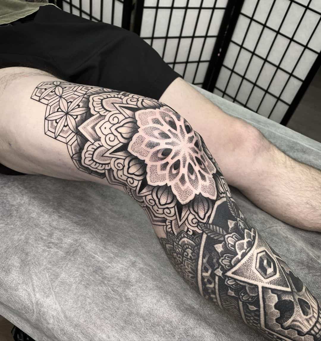 Geometric tattoo on leg by shubeytattoos
