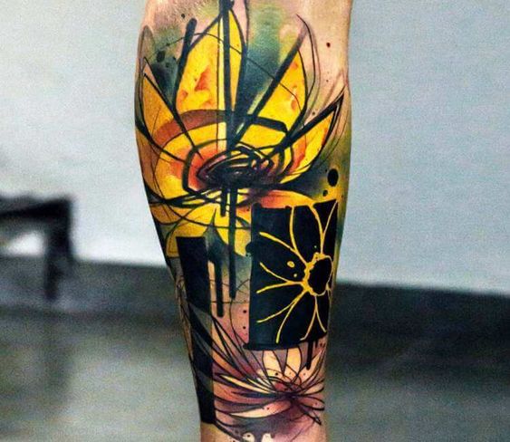 Abstract sunflower tattoo on leg