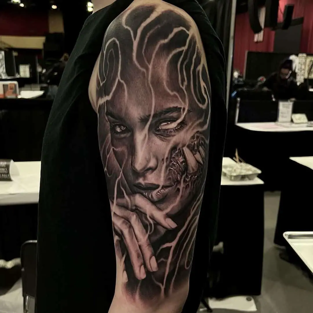 Amazing Portrait tattoo on arm by inkbynico