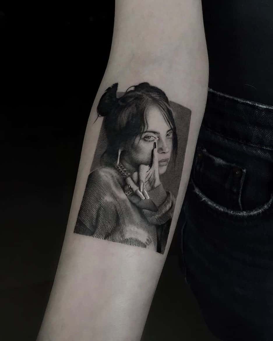 Amazing billie eilish tattoo on arm by theartoftattooingofficial
