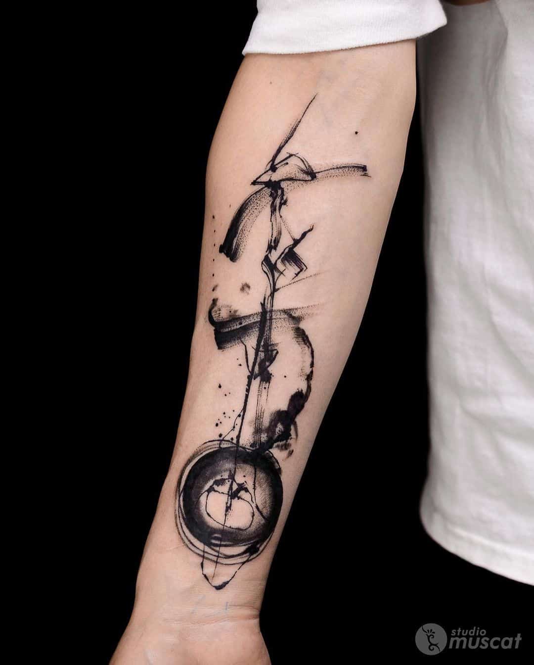 Amazing dark inked abstract tattoo on forerm by studiomuscat