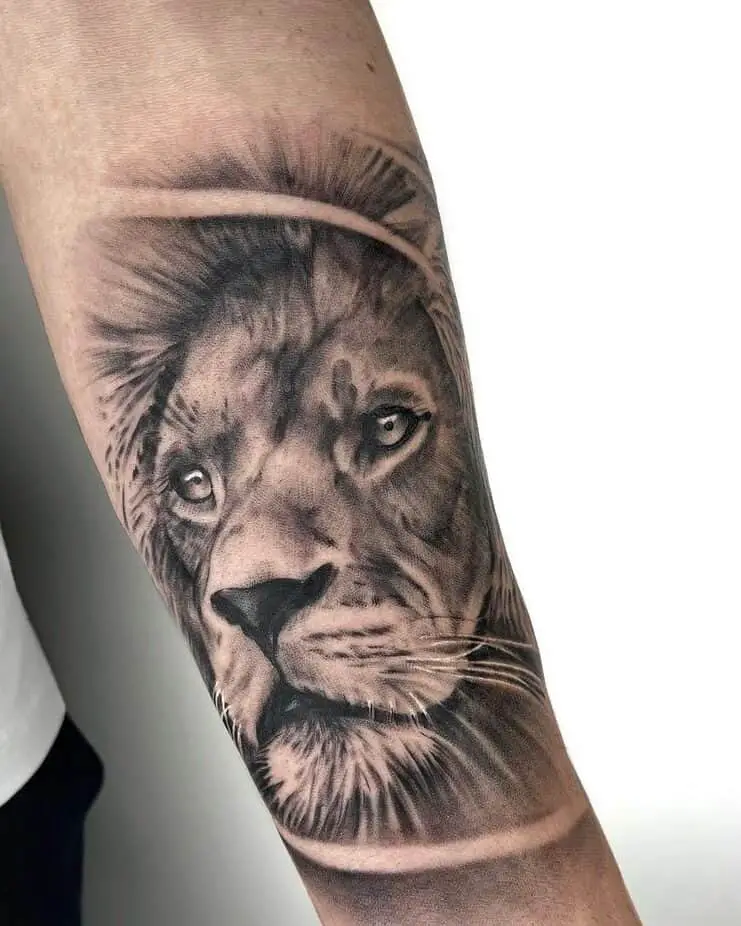 Amazing lion face tattoo on arm by sharonwolf art edited