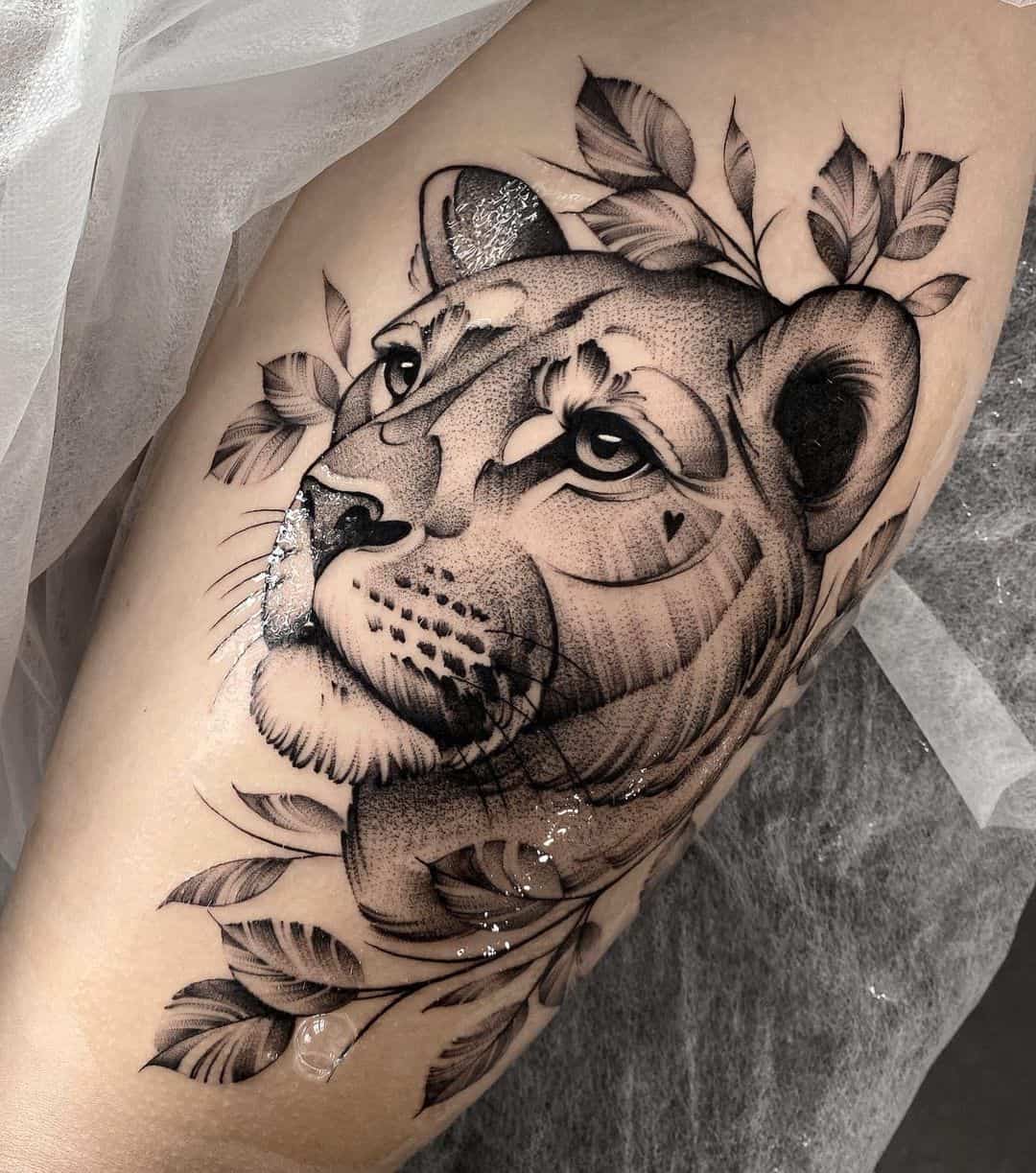 Amazing lioness tattoo by hiper.magdalena