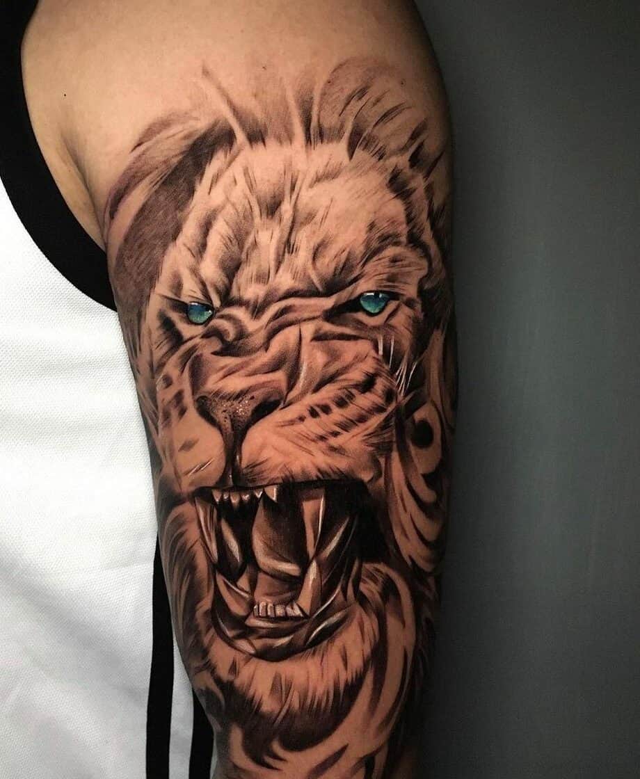 Amazing roaring lion tattoo on arm by studiobarrabravatattoo edited