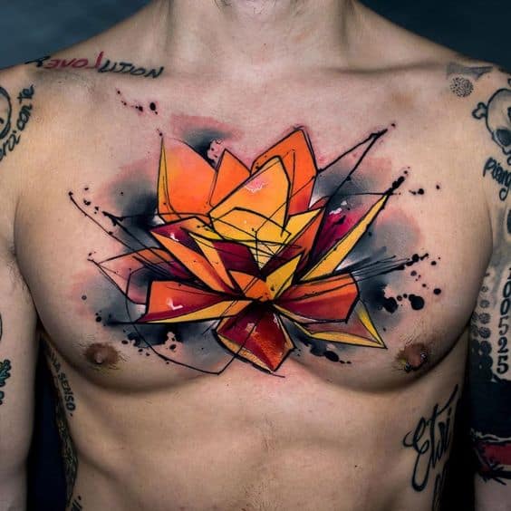 Beautiful abstract sunflower tattoo on chest