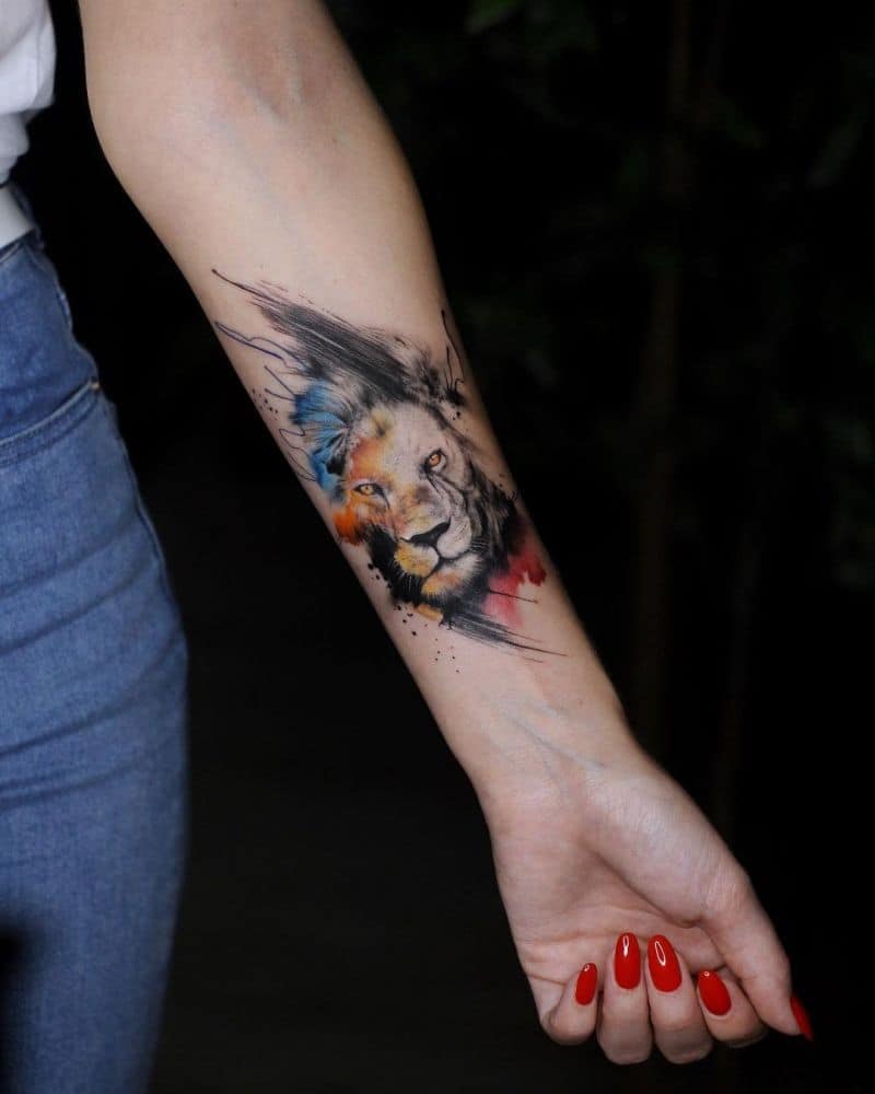 Beautiful lion tattoo on arm sleeve by bugintattoo